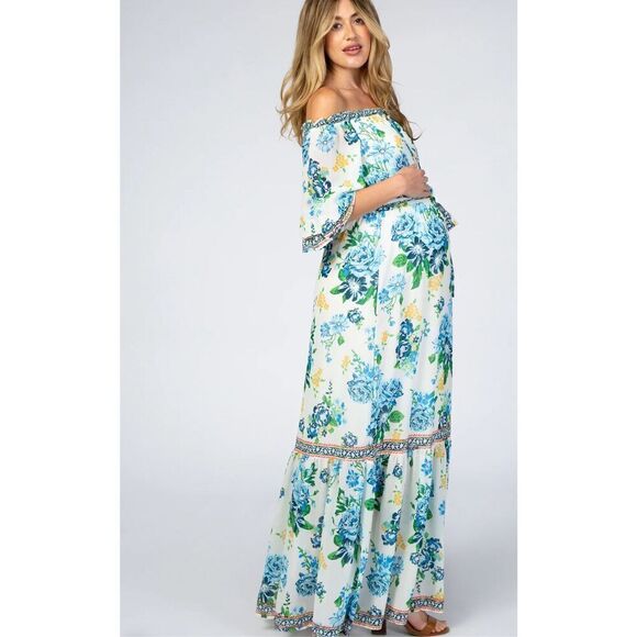 Pinkblush, x Flying Tomato Ivory Floral Off Shoulder Maternity Maxi Dress Nwot M - Picture 9 of 11